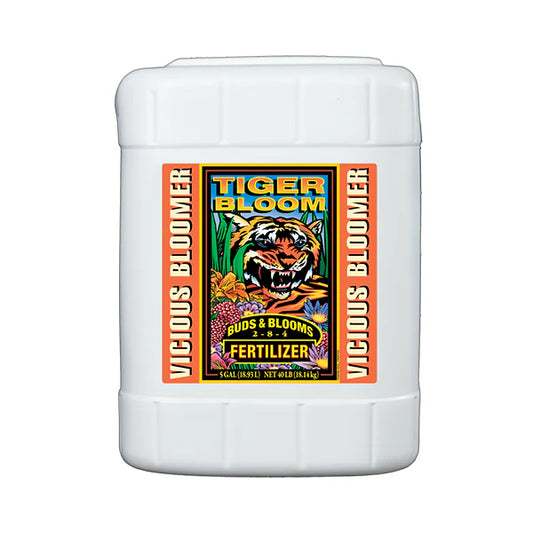 FoxFarm Tiger Bloom liquid plant food in a 5-gallon container, high-phosphorus fertilizer for hydroponic nutrient systems