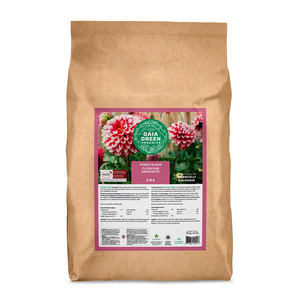 Gaia Green Power Bloom organic fertilizer for hydroponic nutrients, 20 kg bag, ideal for plant flowering and blooming.