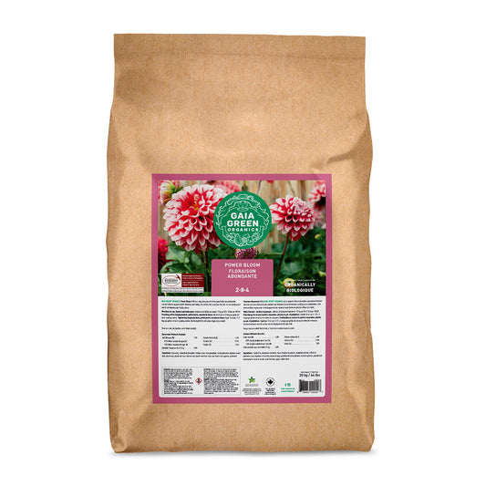 Gaia Green Power Bloom organic fertilizer for hydroponic nutrients, 20 kg bag, ideal for plant flowering and blooming.
