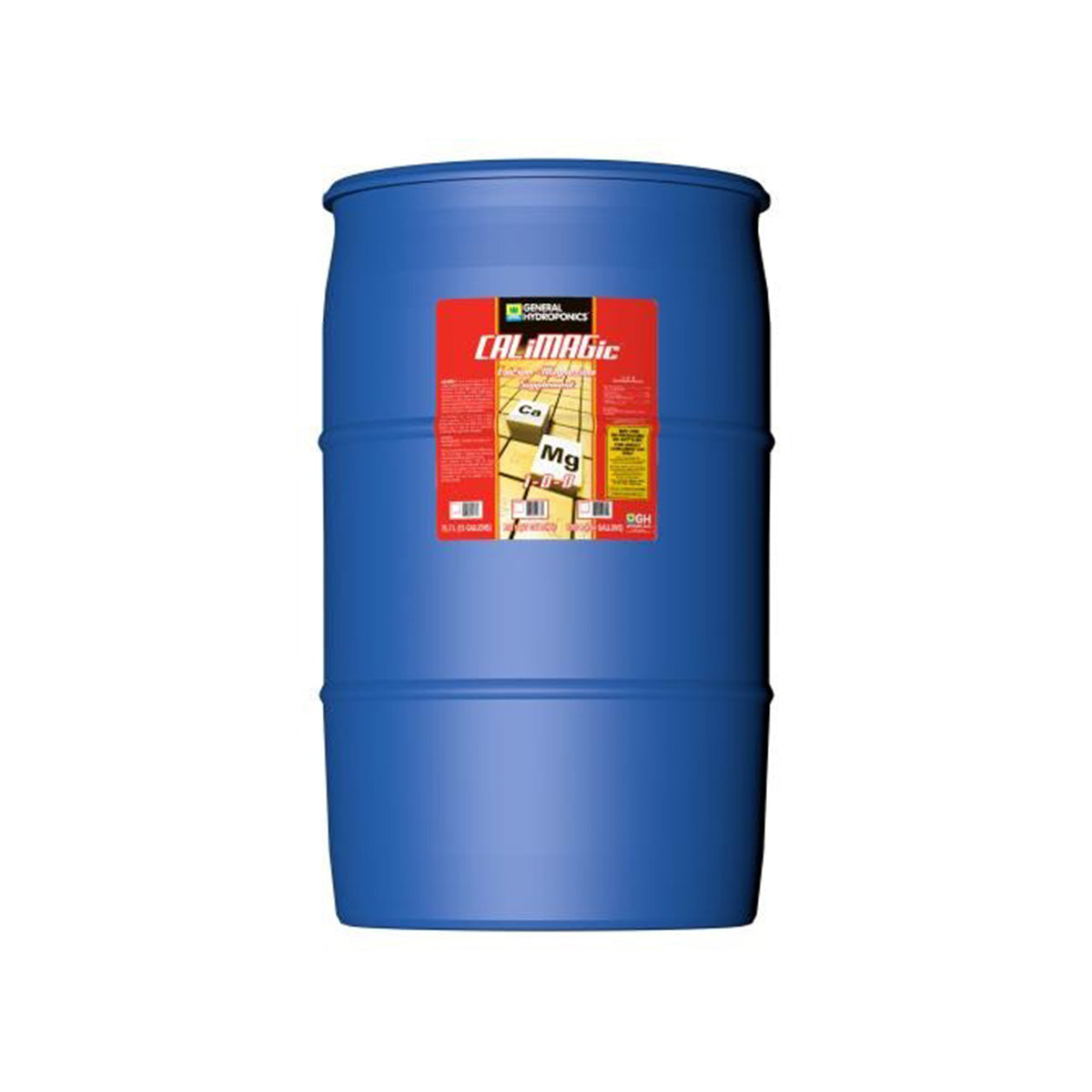 General Hydroponics CaliMagic hydroponic nutrients 55-gallon container, green label with branding and product details visible.
