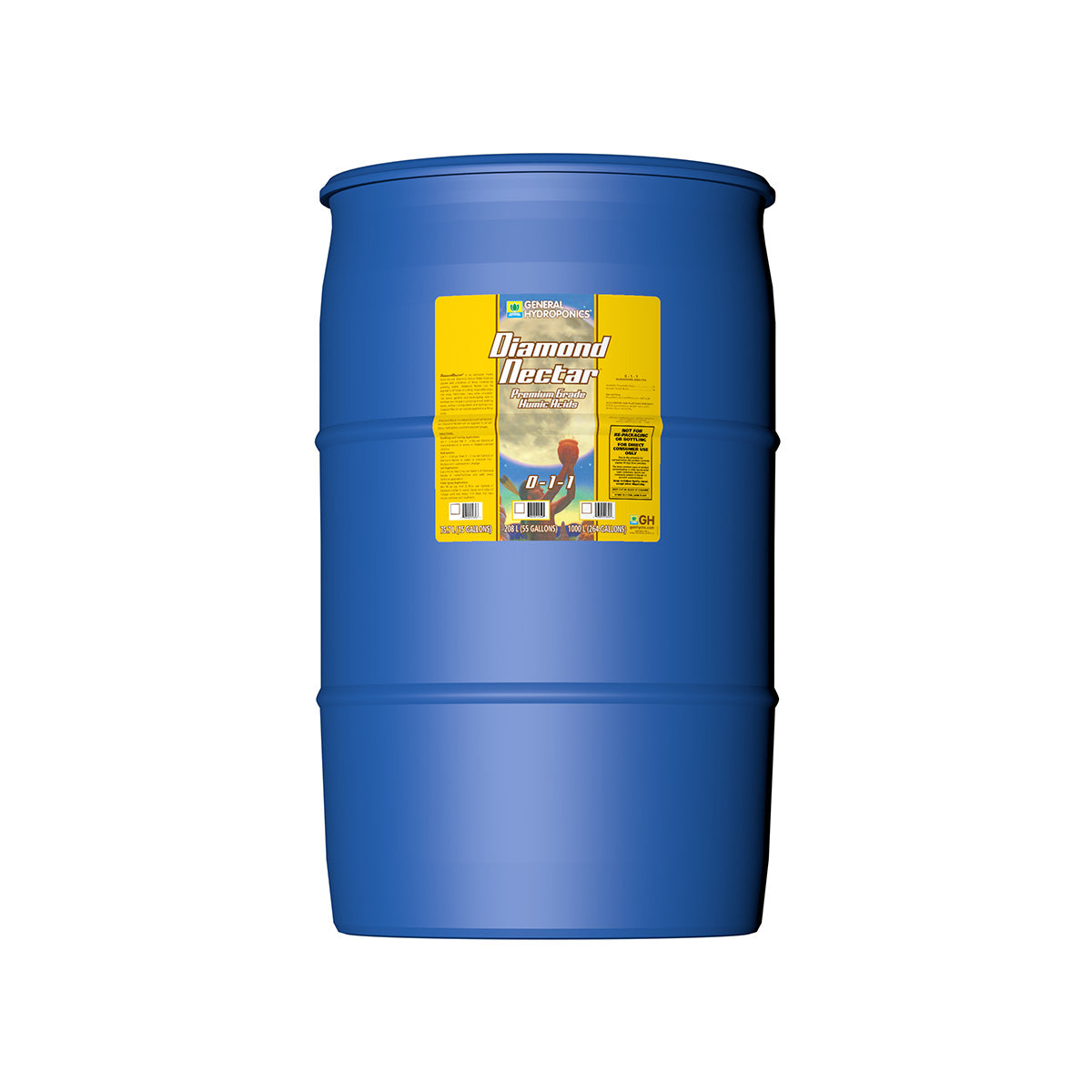 General Hydroponics Diamond Nectar nutrient solution in a 55-gallon container for hydroponic gardening.