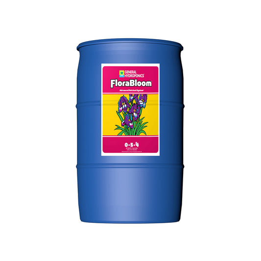 General Hydroponics FloraBloom hydroponic nutrients in a 55-gallon container for plant growth and flowering.