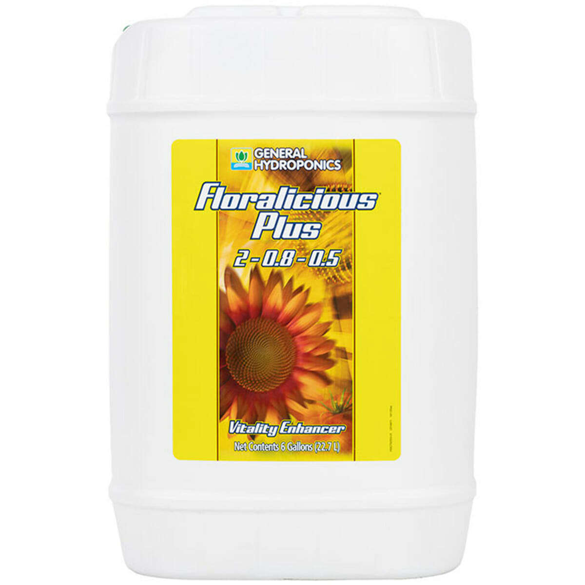 General Hydroponics Floralicious Plus hydroponic nutrients in a 6-gallon container, showing the product bottle with label and cap.