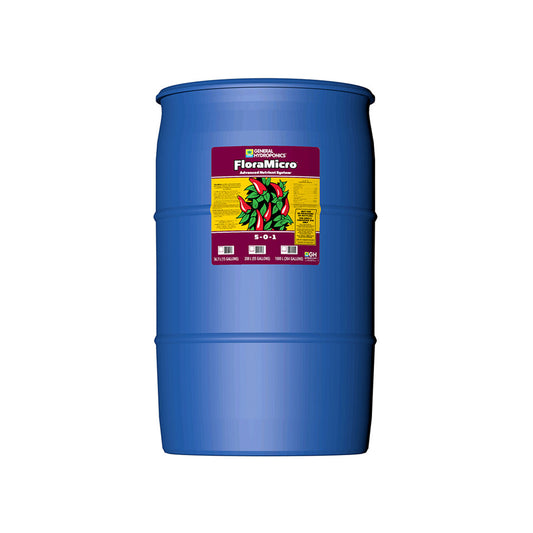 General Hydroponics FloraMicro hydroponic nutrient in a 55-gallon bulk drum, used for healthy plant growth in hydroponic systems.