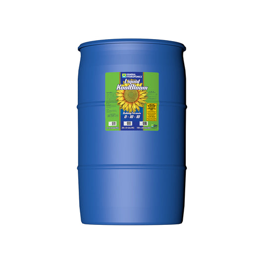 Hydroponic nutrients Liquid KoolBloom PK booster from General Hydroponics in a 55-gallon bulk drum, ideal for plant flowering.