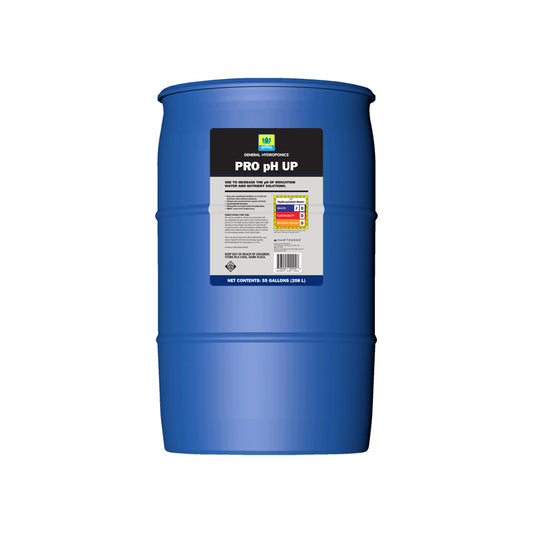 General Hydroponics Pro pH Up nutrient solution in a 55-gallon container for hydroponic plant pH adjustment.