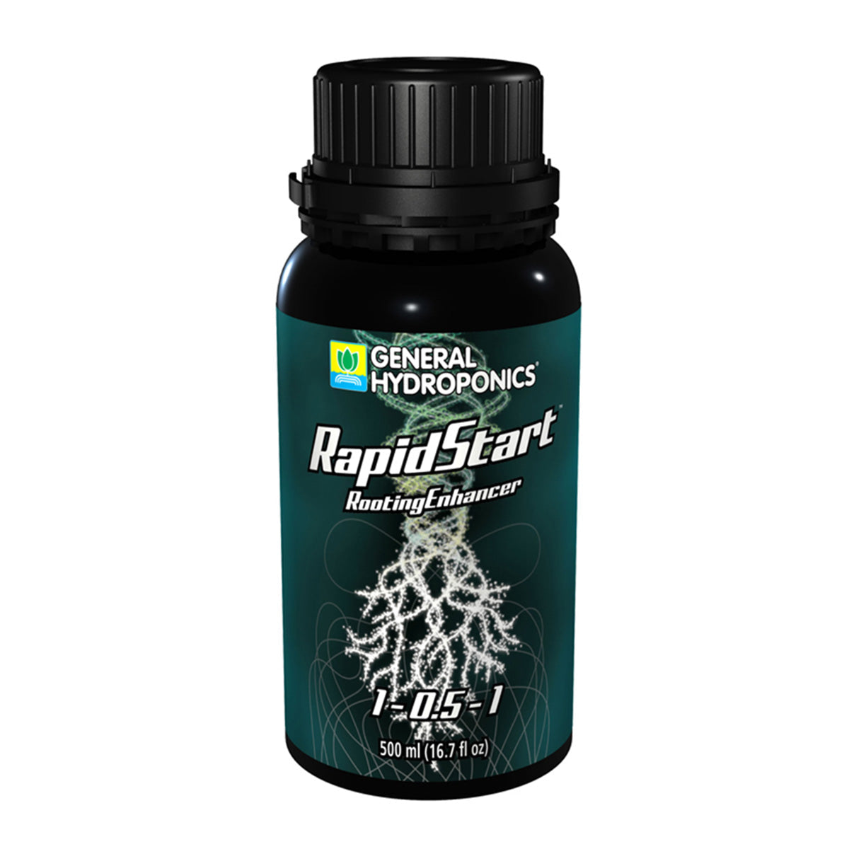 General Hydroponics RapidStart hydroponic nutrients bottle, 500ml container for plant growth enhancement in hydroponic systems.