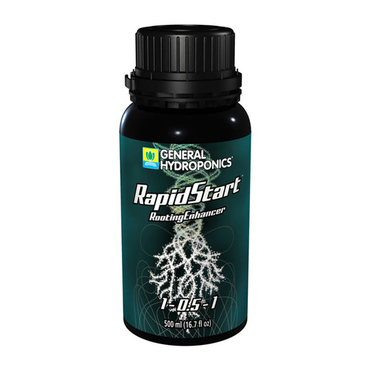 General Hydroponics RapidStart hydroponic nutrients bottle, 500ml container for plant growth enhancement in hydroponic systems.