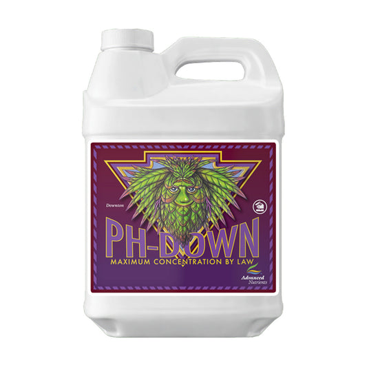 Advanced Nutrients pH Down 10L hydroponics solution for pH adjustment, by HTG Supply, in a large 10-liter bottle.