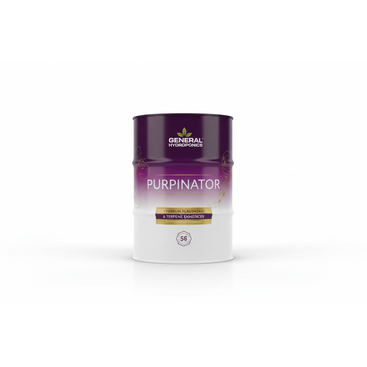 General Hydroponics Purpinator nutrient container for 55-gallon hydroponic systems, used for vibrant plant growth.