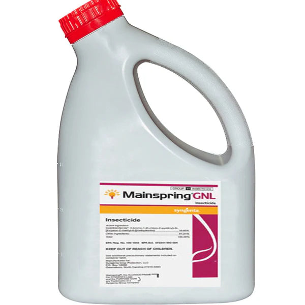BFGSupply Mainspring GNL insecticide gallon container, 128 oz, designed for pest control, with a simple label and safety instructions.
