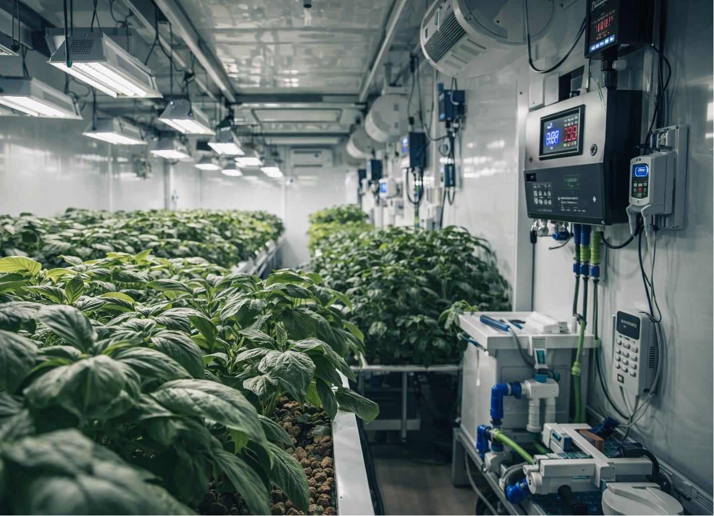 Indoor agricultural setting with plants and control panels.